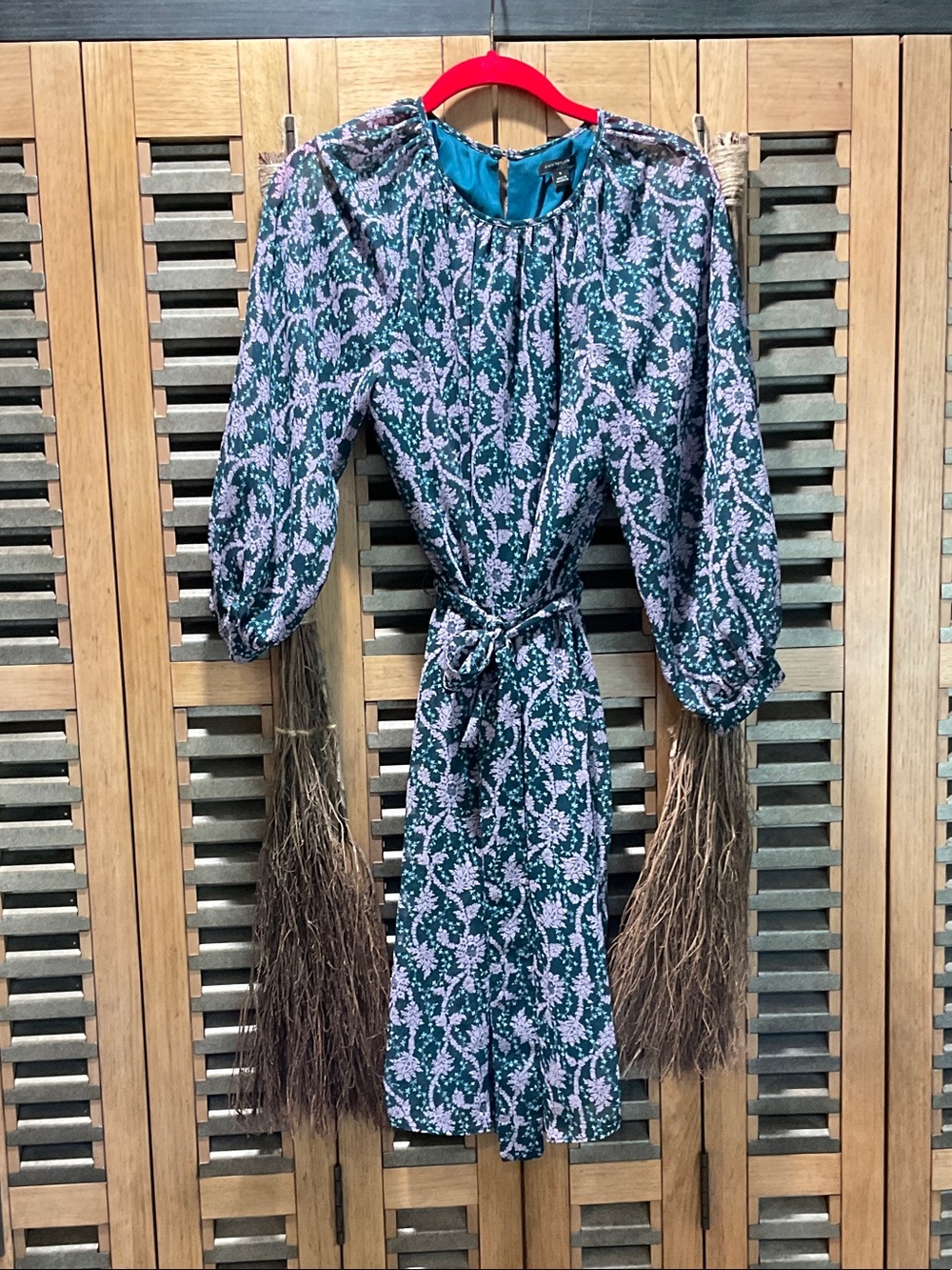 Ann Taylor Green and Lilac Floral Long Sleeve Tie-Waist Dress